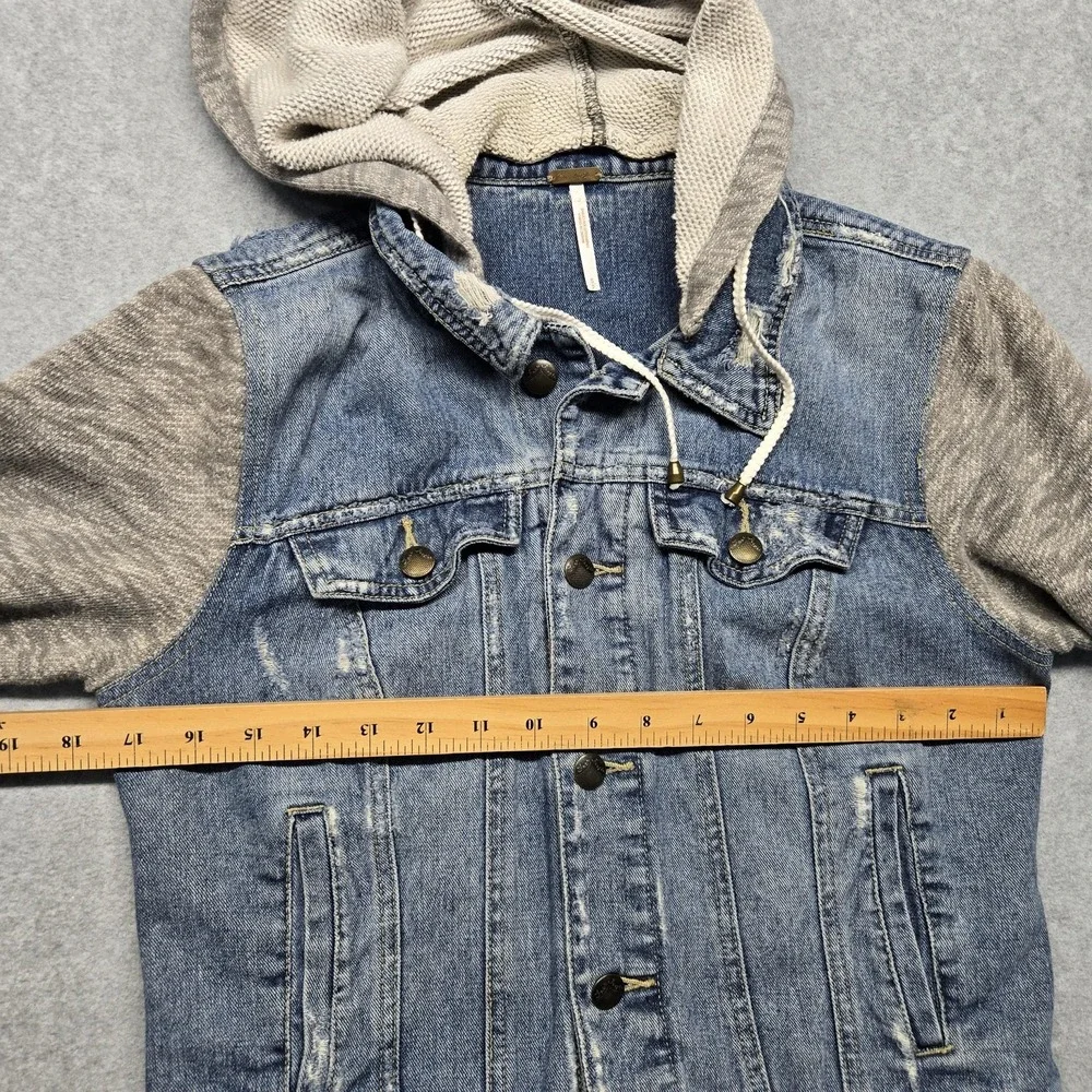 Free People‎ Jacket Womens Small Blue Gray Denim Fleece Hoodie Distressed Casual - Picture 11 of 16